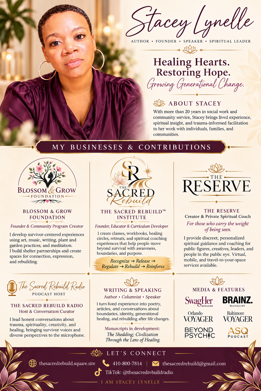 Stacey Lynelle’s portfolio with her short-haired portrait. Founder and community program creator at Blossom & Grow Foundation; founder, educator and curriculum developer at The Sacred Rebuild Institute; creator and private spiritual coach at The Reserve; host of The Sacred Rebuild Radio; author, columnist and speaker. Serving individuals, survivors, families, communities and people in the public eye.